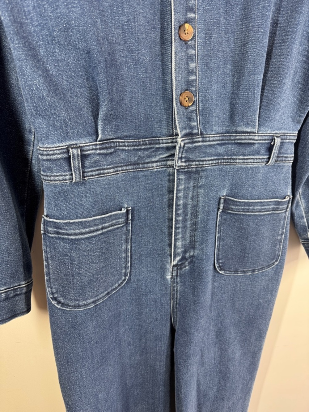 ICHI Denim Jumpsuit Blue Size 36 Wide Leg Button Front Utility Chic Casual - Picture 6 of 15